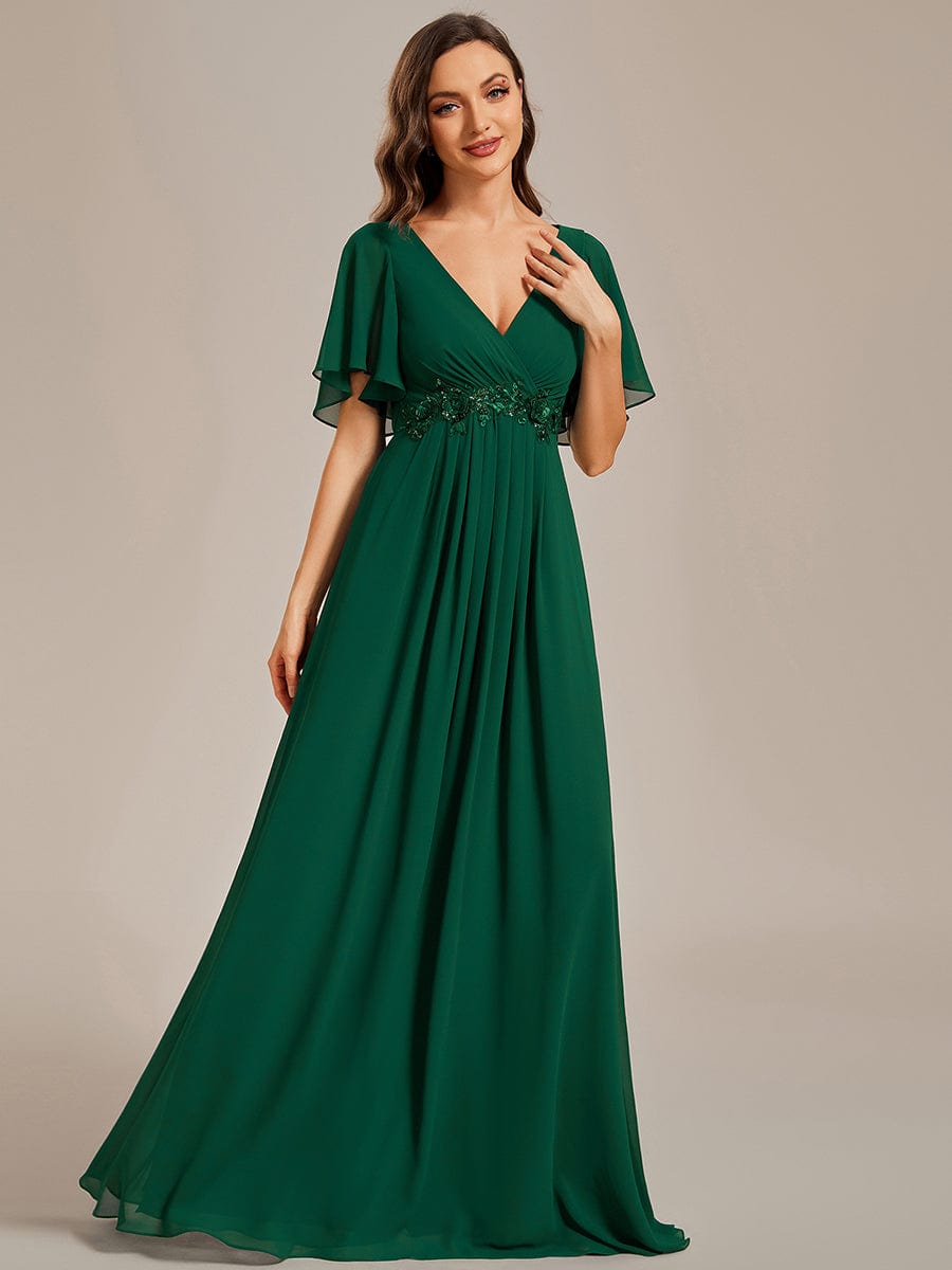 Elegant Chiffon Applique Evening Dress with Flutter Sleeves