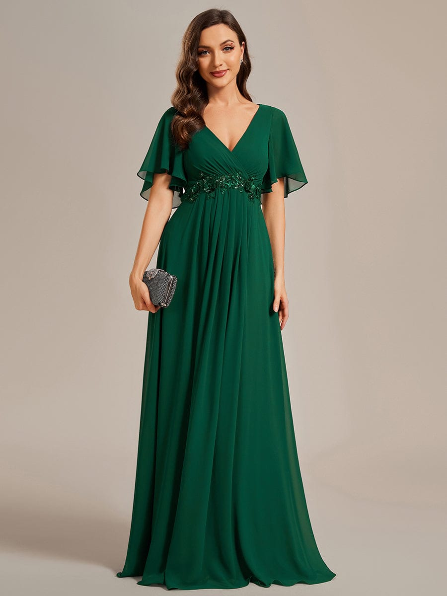 Elegant Chiffon Applique Evening Dress with Flutter Sleeves