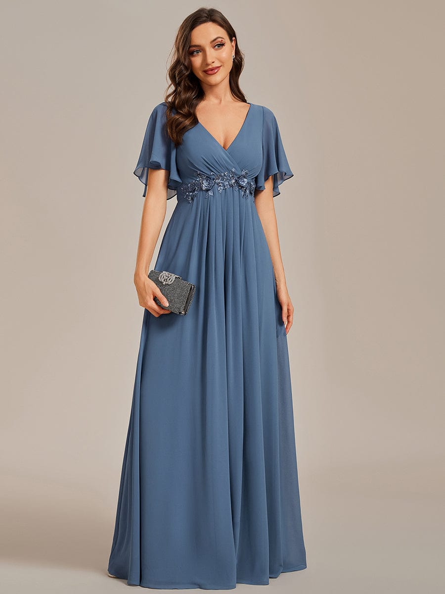 Elegant Chiffon Applique Evening Dress with Flutter Sleeves