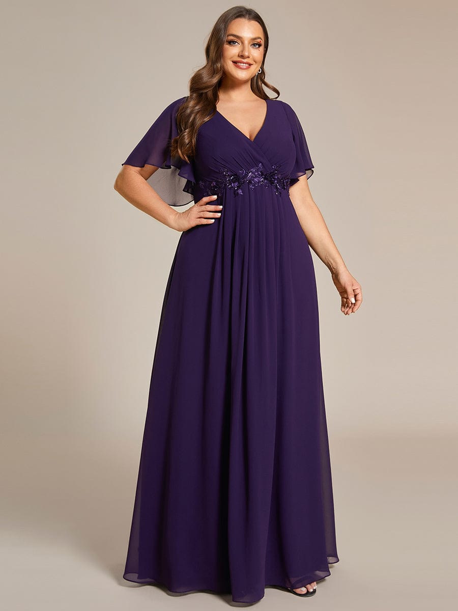 Plus Size Applique Short Sleeve A-Line Chiffon Evening Dress