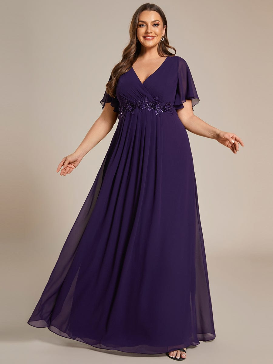 Plus Size Applique Short Sleeve A-Line Chiffon Evening Dress