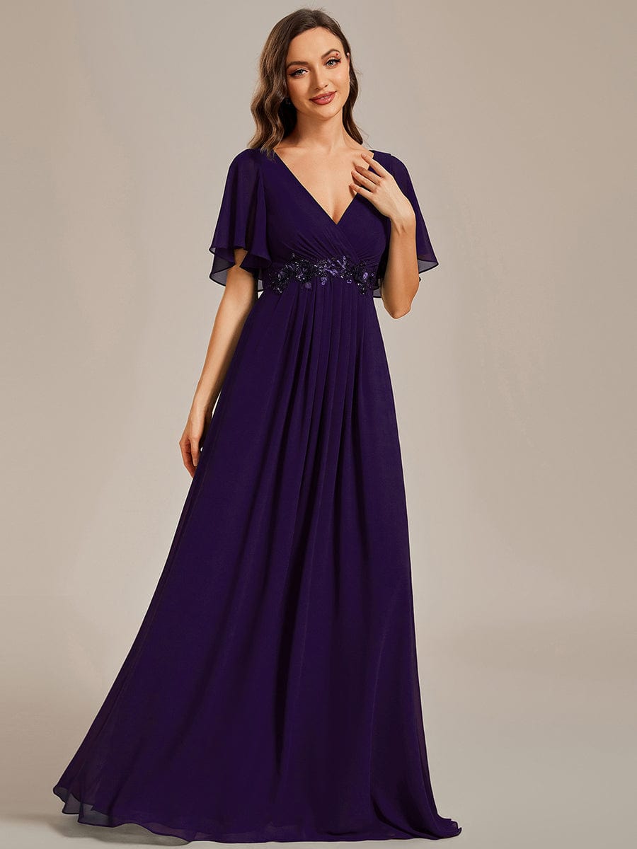 Elegant Chiffon Applique Evening Dress with Flutter Sleeves