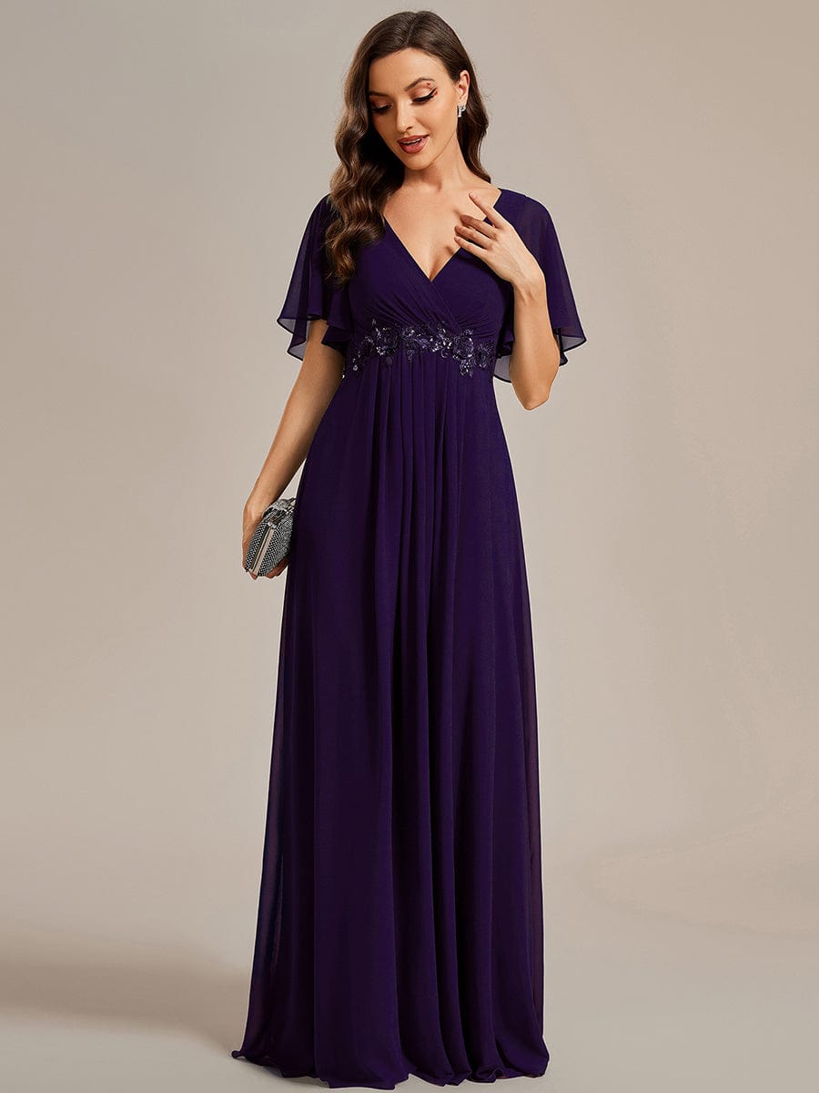 Elegant Chiffon Applique Evening Dress with Flutter Sleeves