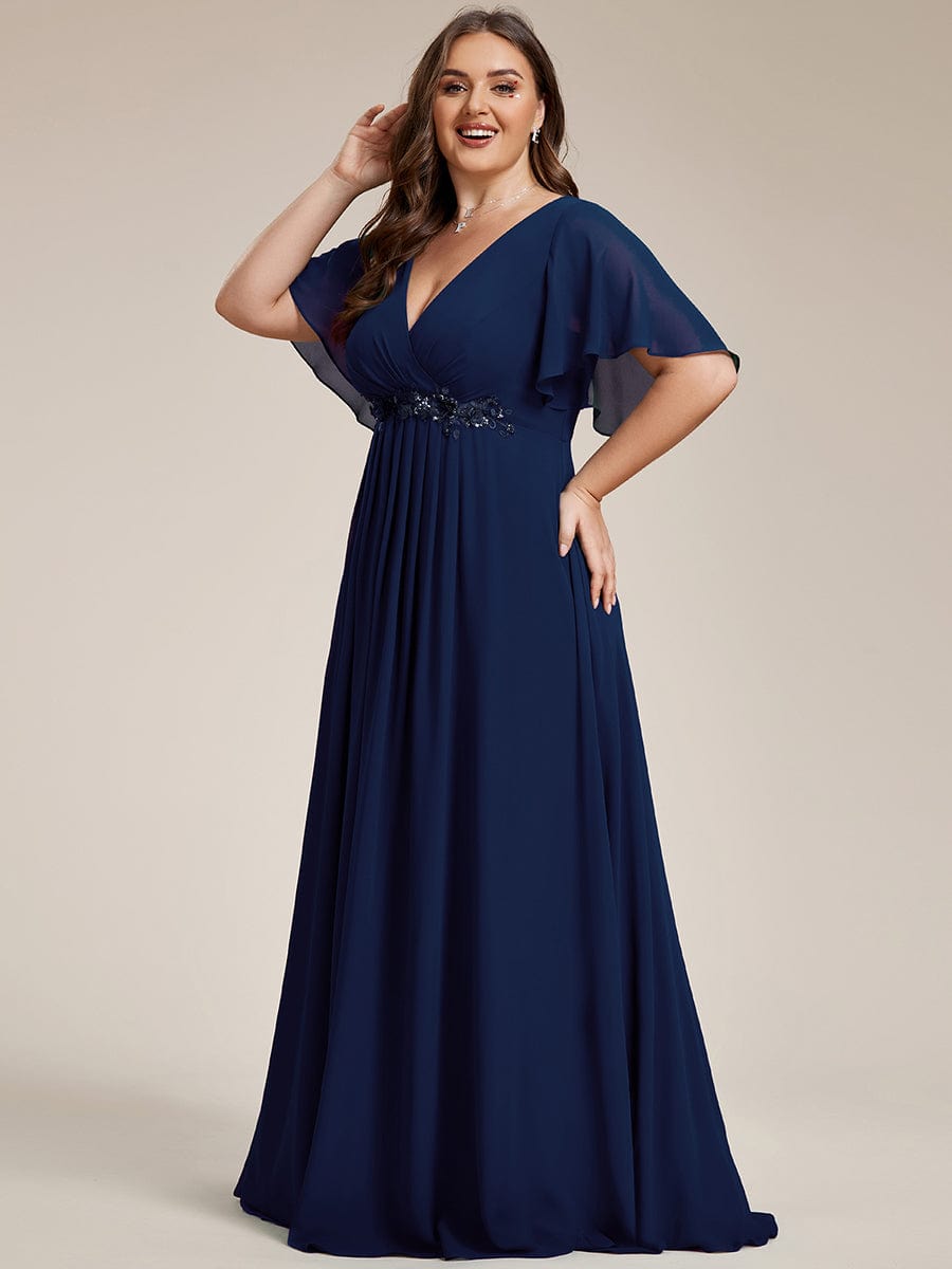 Plus Size Applique Short Sleeve A-Line Chiffon Evening Dress