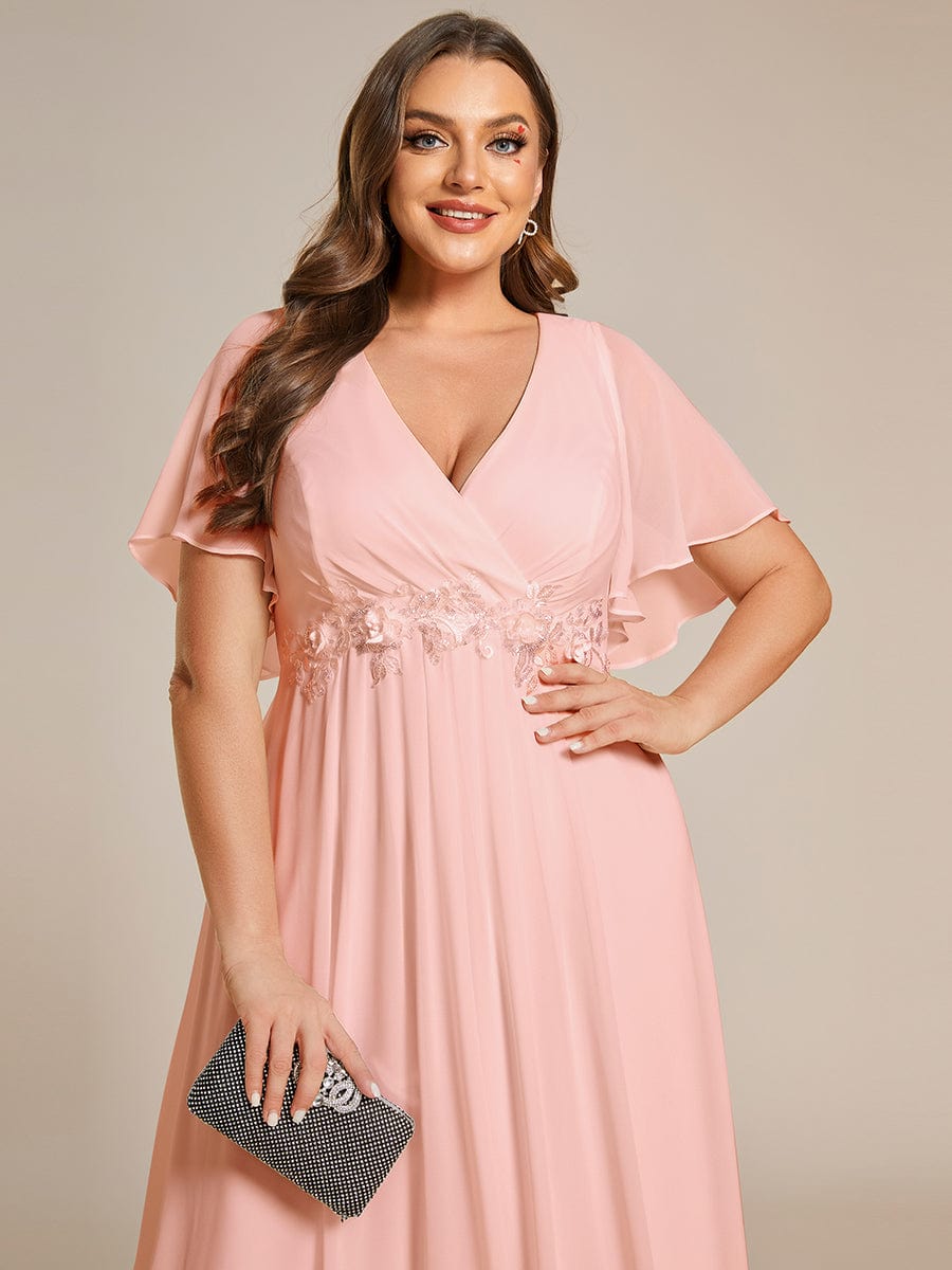 Plus Size Applique Short Sleeve A-Line Chiffon Evening Dress