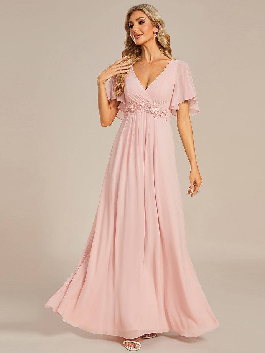 Elegant Chiffon Applique Evening Dress with Flutter Sleeves