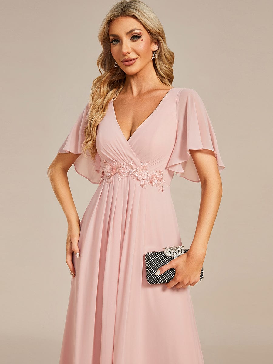 Elegant Chiffon Applique Evening Dress with Flutter Sleeves