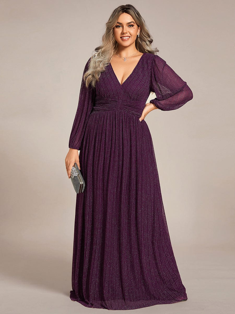 Plus Size Sparkle Long Sleeve Formal Evening Dress with A-line Silhouette