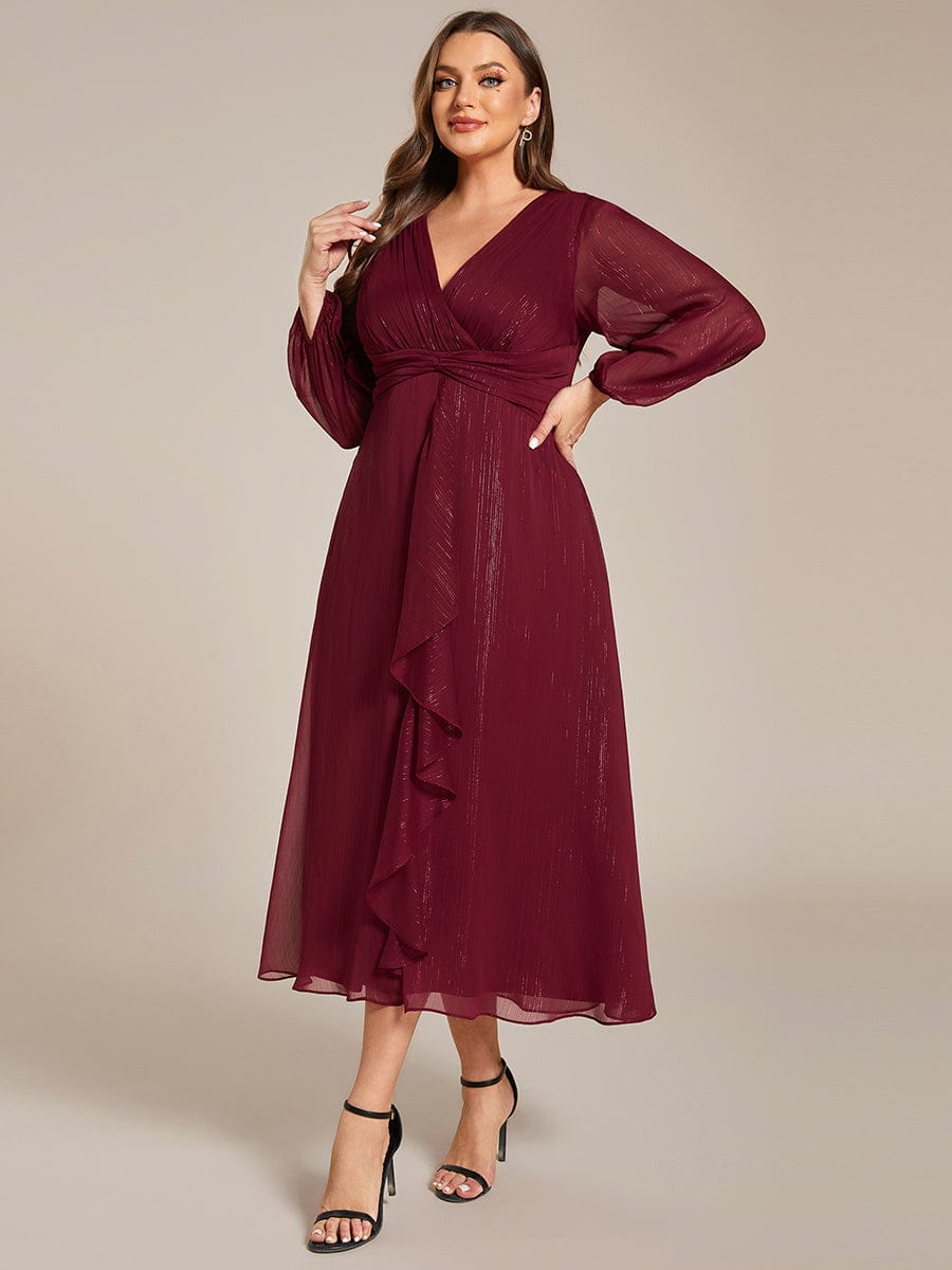 Plus Size Long Sleeve V-Neck Chiffon Twist Knot A-Line Evening Dress