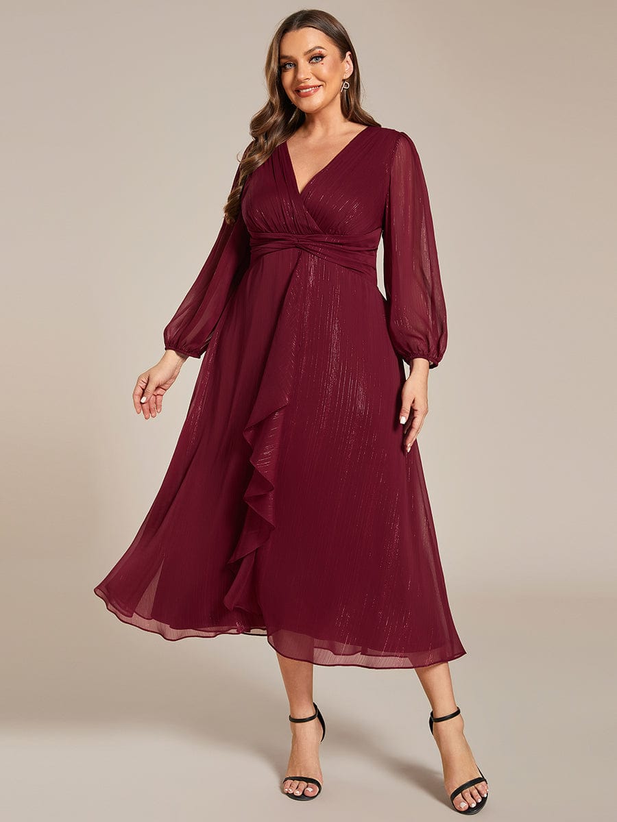 Plus Size Long Sleeve V-Neck Chiffon Twist Knot A-Line Evening Dress