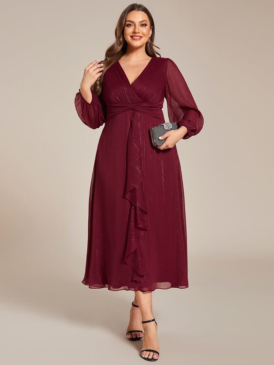 Plus Size Long Sleeve V-Neck Chiffon Twist Knot A-Line Evening Dress