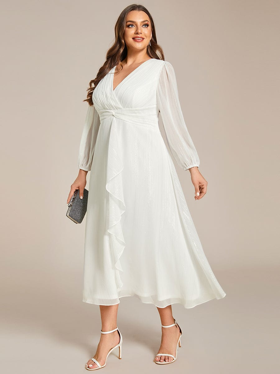 Plus Size Long Sleeve V-Neck Chiffon Twist Knot A-Line Evening Dress