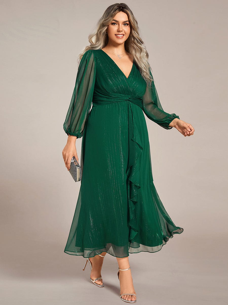 Plus Size Long Sleeve V-Neck Chiffon Twist Knot A-Line Evening Dress