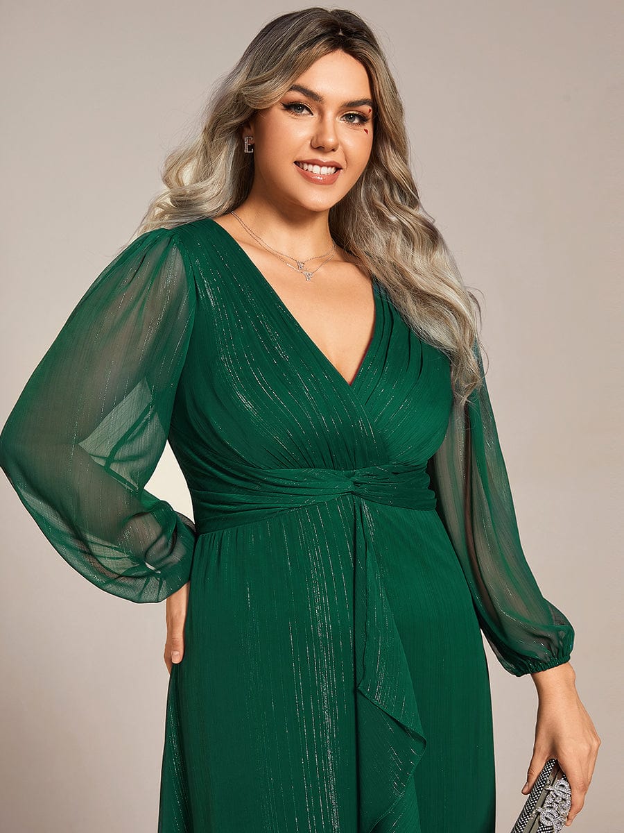 Plus Size Long Sleeve V-Neck Chiffon Twist Knot A-Line Evening Dress