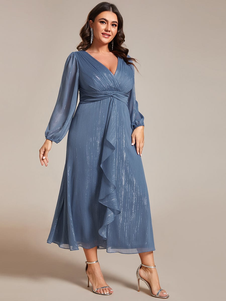 Plus Size Long Sleeve V-Neck Chiffon Twist Knot A-Line Evening Dress