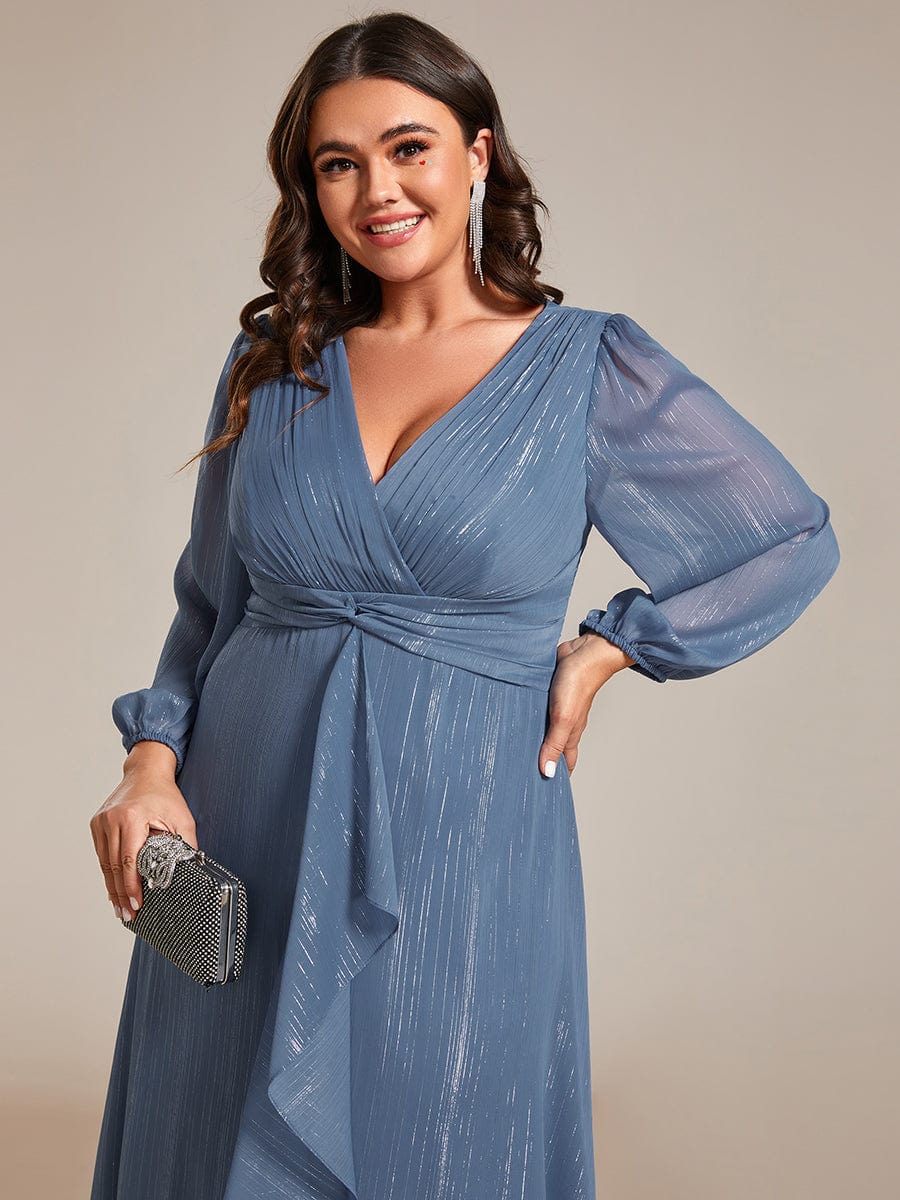 Plus Size Long Sleeve V-Neck Chiffon Twist Knot A-Line Evening Dress