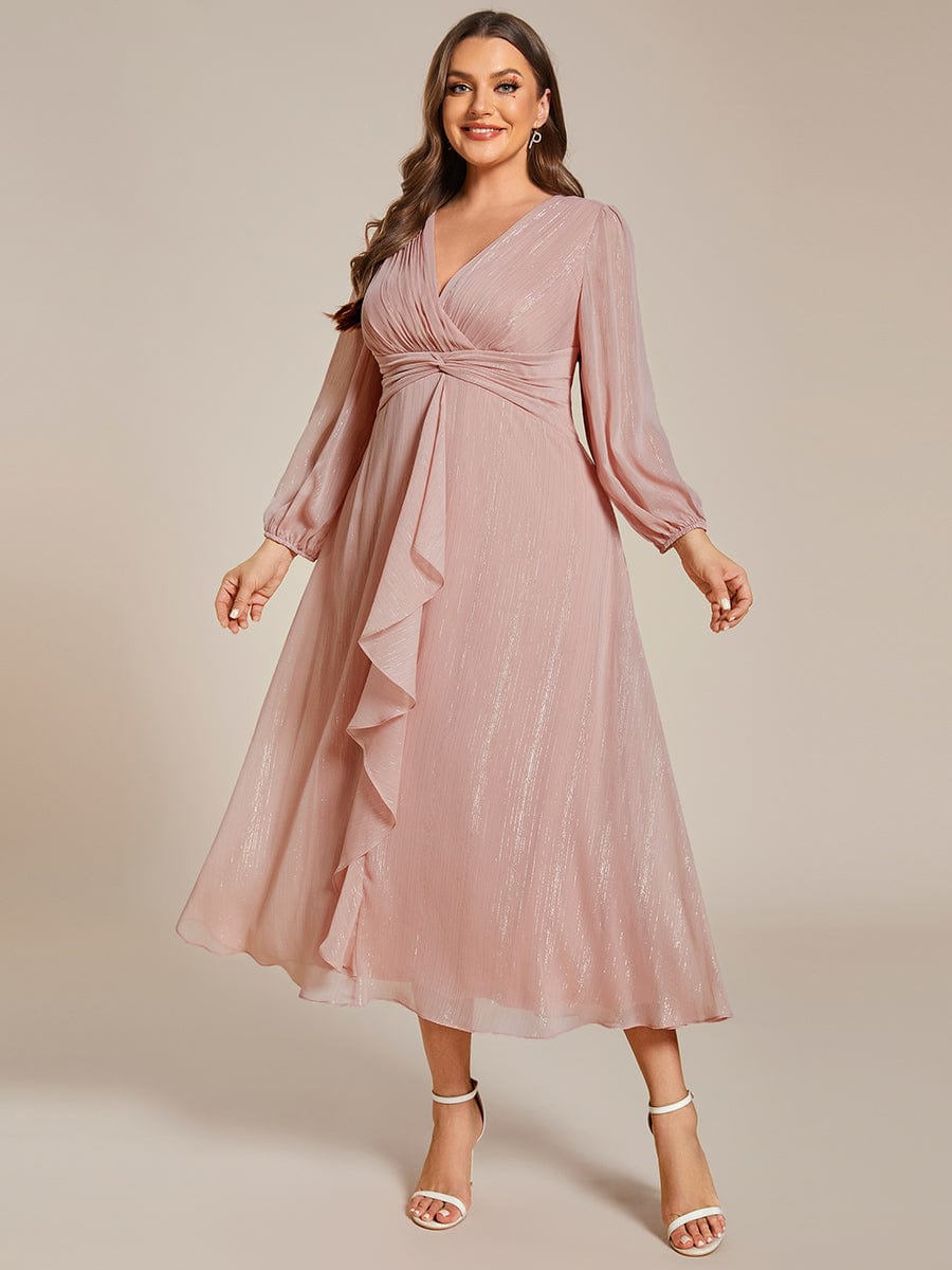 Plus Size Long Sleeve V-Neck Chiffon Twist Knot A-Line Evening Dress