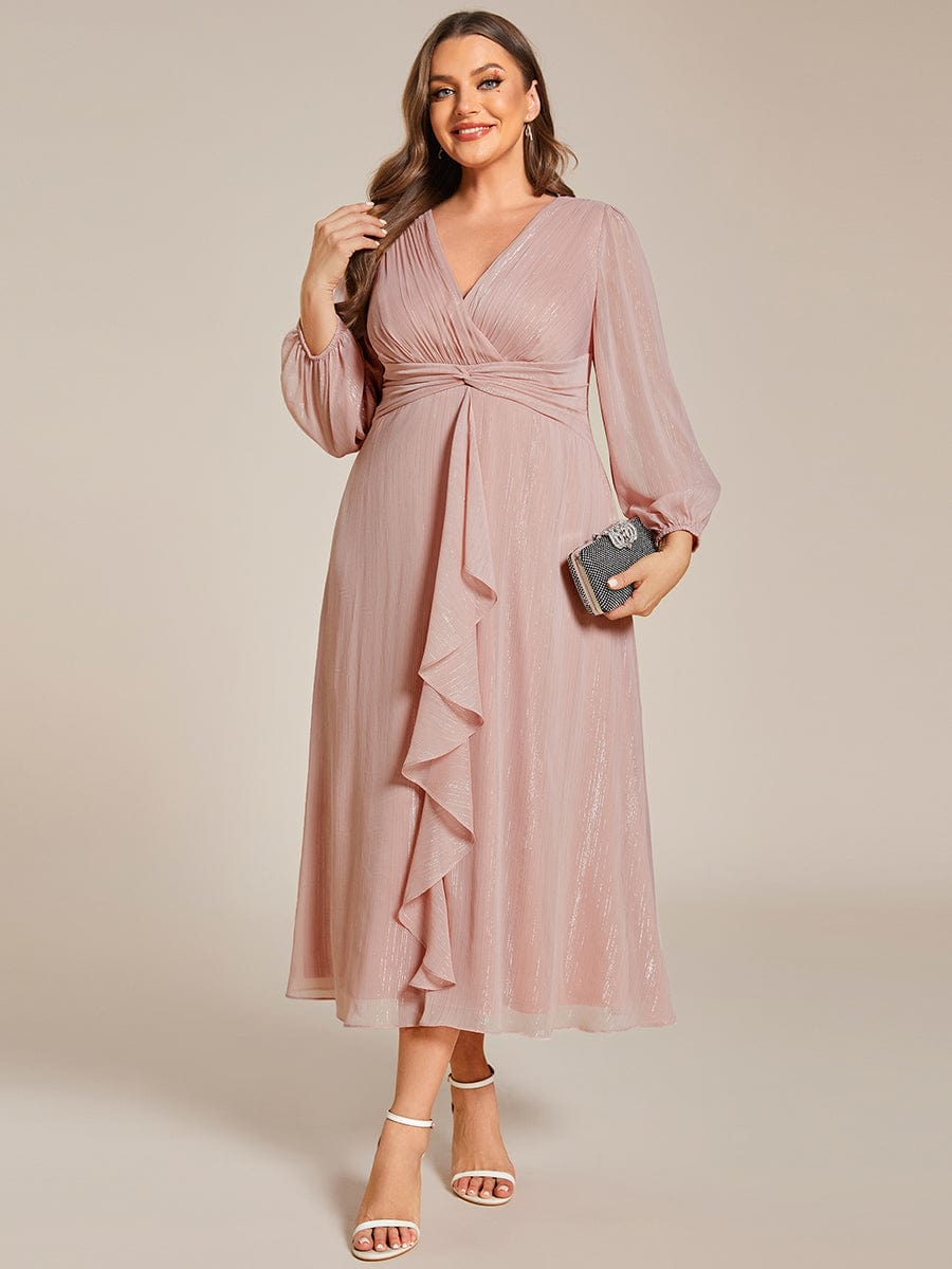 Plus Size Long Sleeve V-Neck Chiffon Twist Knot A-Line Evening Dress