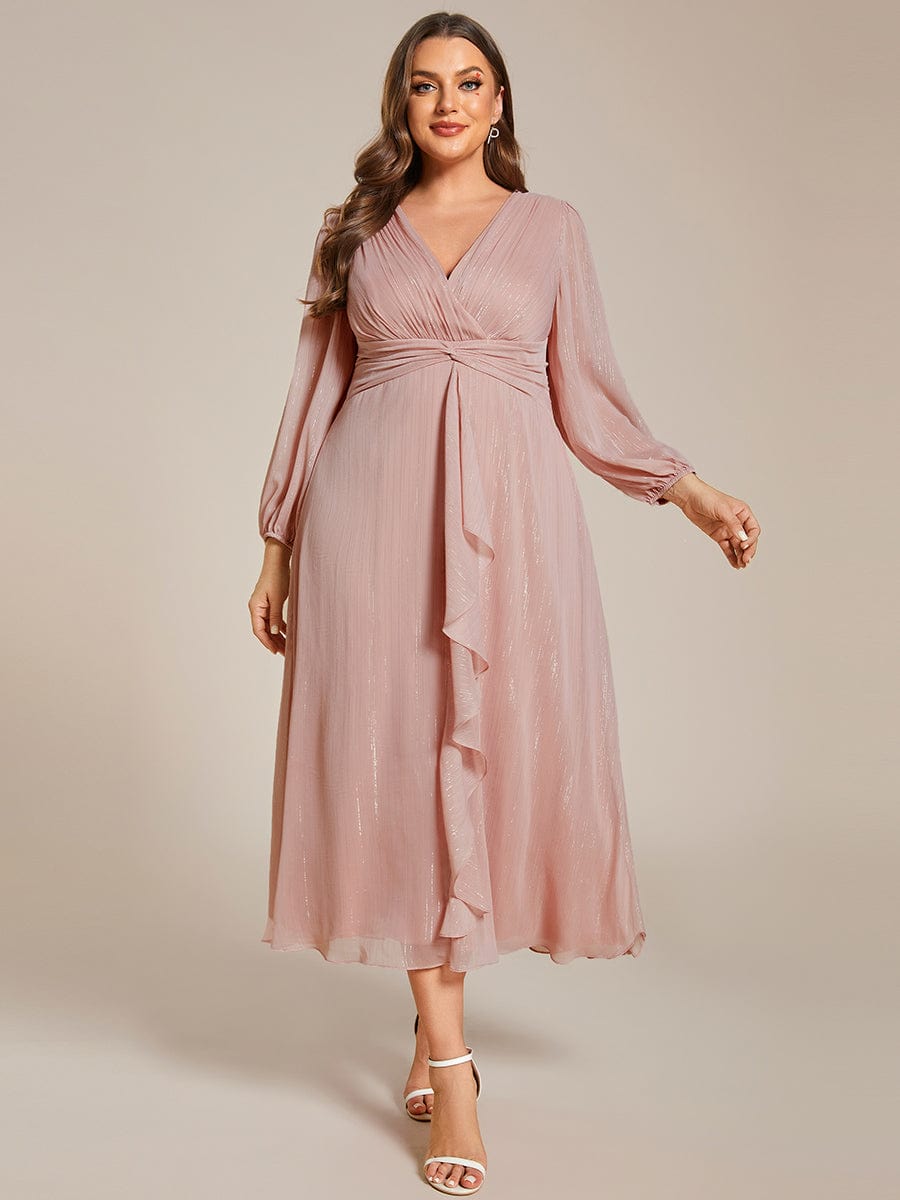 Plus Size Long Sleeve V-Neck Chiffon Twist Knot A-Line Evening Dress