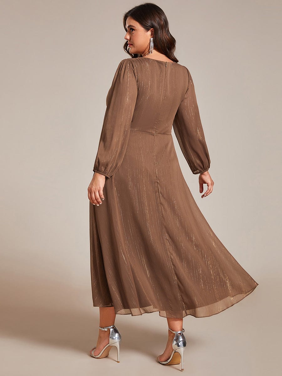 Plus Size Long Sleeve V-Neck Chiffon Twist Knot A-Line Evening Dress