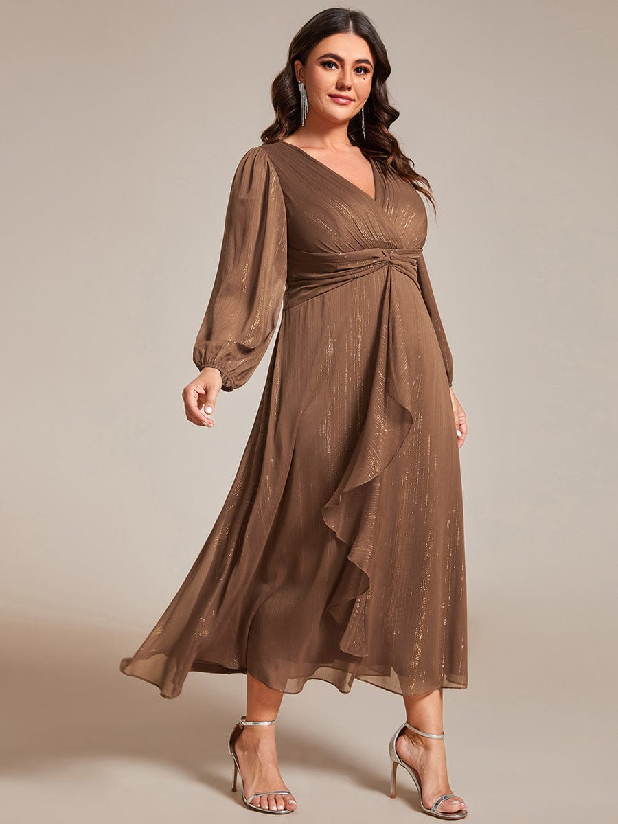 Plus Size Long Sleeve V-Neck Chiffon Twist Knot A-Line Evening Dress