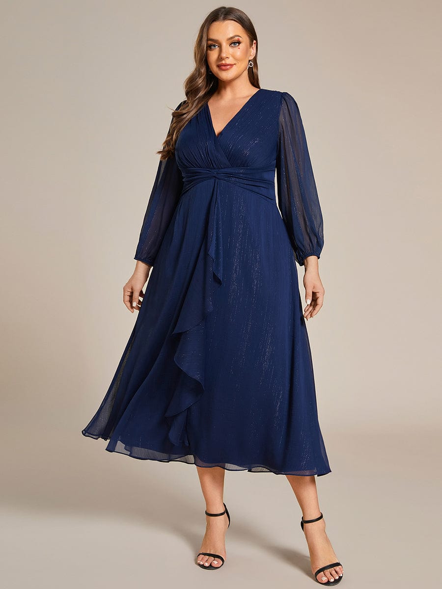 Plus Size Long Sleeve V-Neck Chiffon Twist Knot A-Line Evening Dress