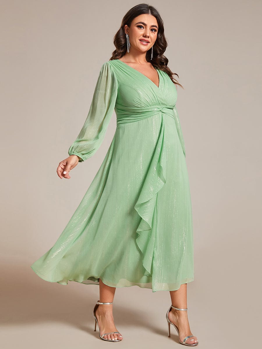 Plus Size Long Sleeve V-Neck Chiffon Twist Knot A-Line Evening Dress