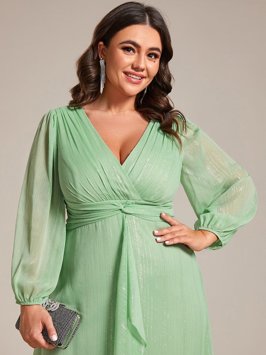 Plus Size Long Sleeve V-Neck Chiffon Twist Knot A-Line Evening Dress