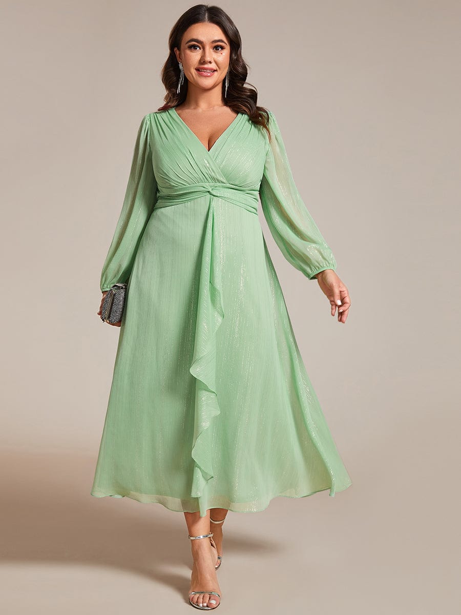 Plus Size Long Sleeve V-Neck Chiffon Twist Knot A-Line Evening Dress