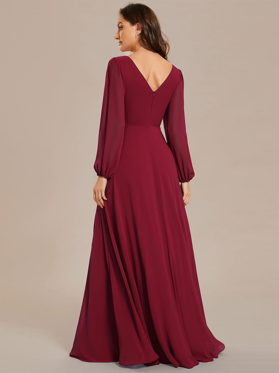 Pleated Double V-Neck Long Sleeves Shiny Belt Chiffon Evening Dress