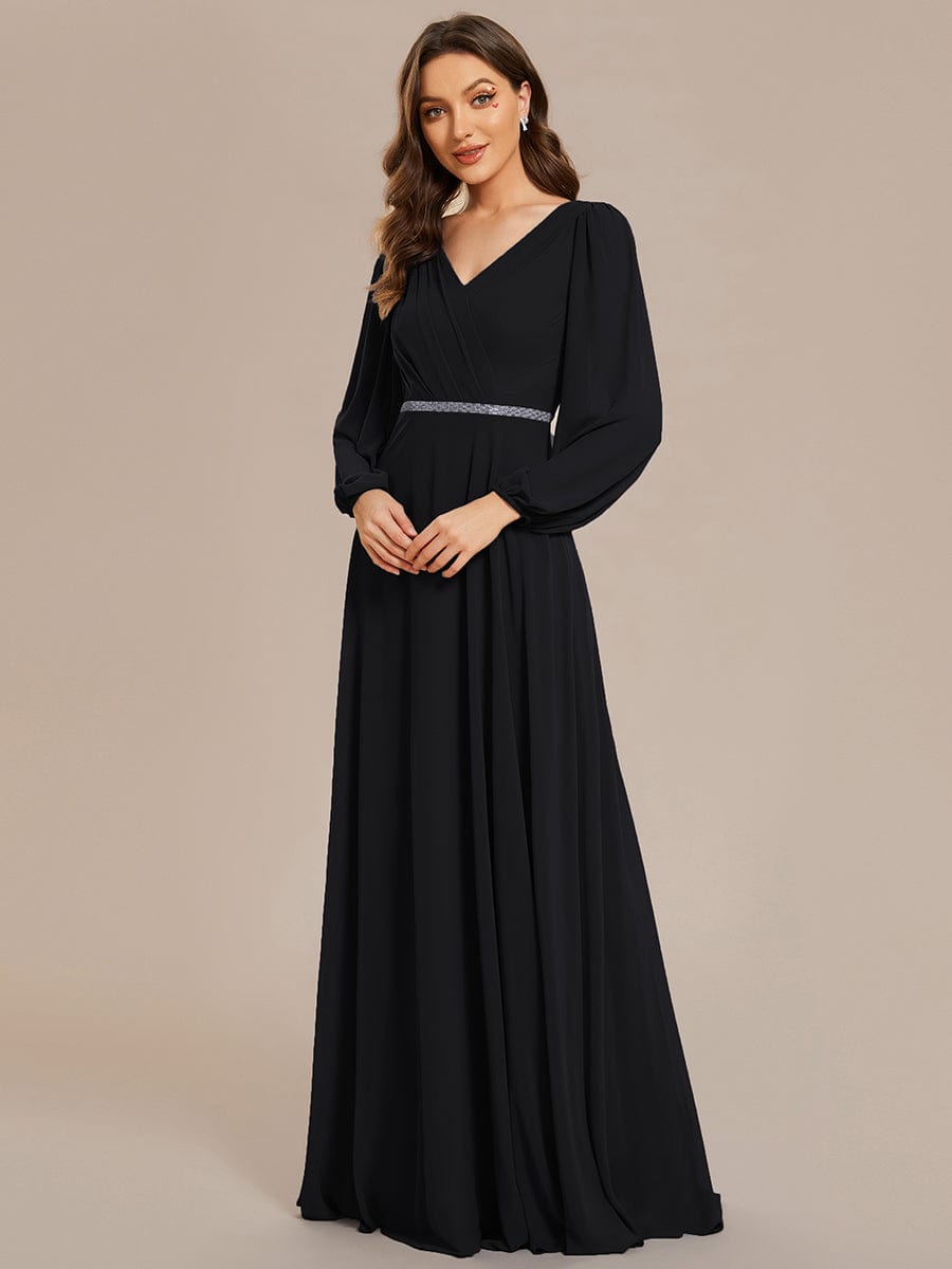 Pleated Double V-Neck Long Sleeves Shiny Belt Chiffon Evening Dress