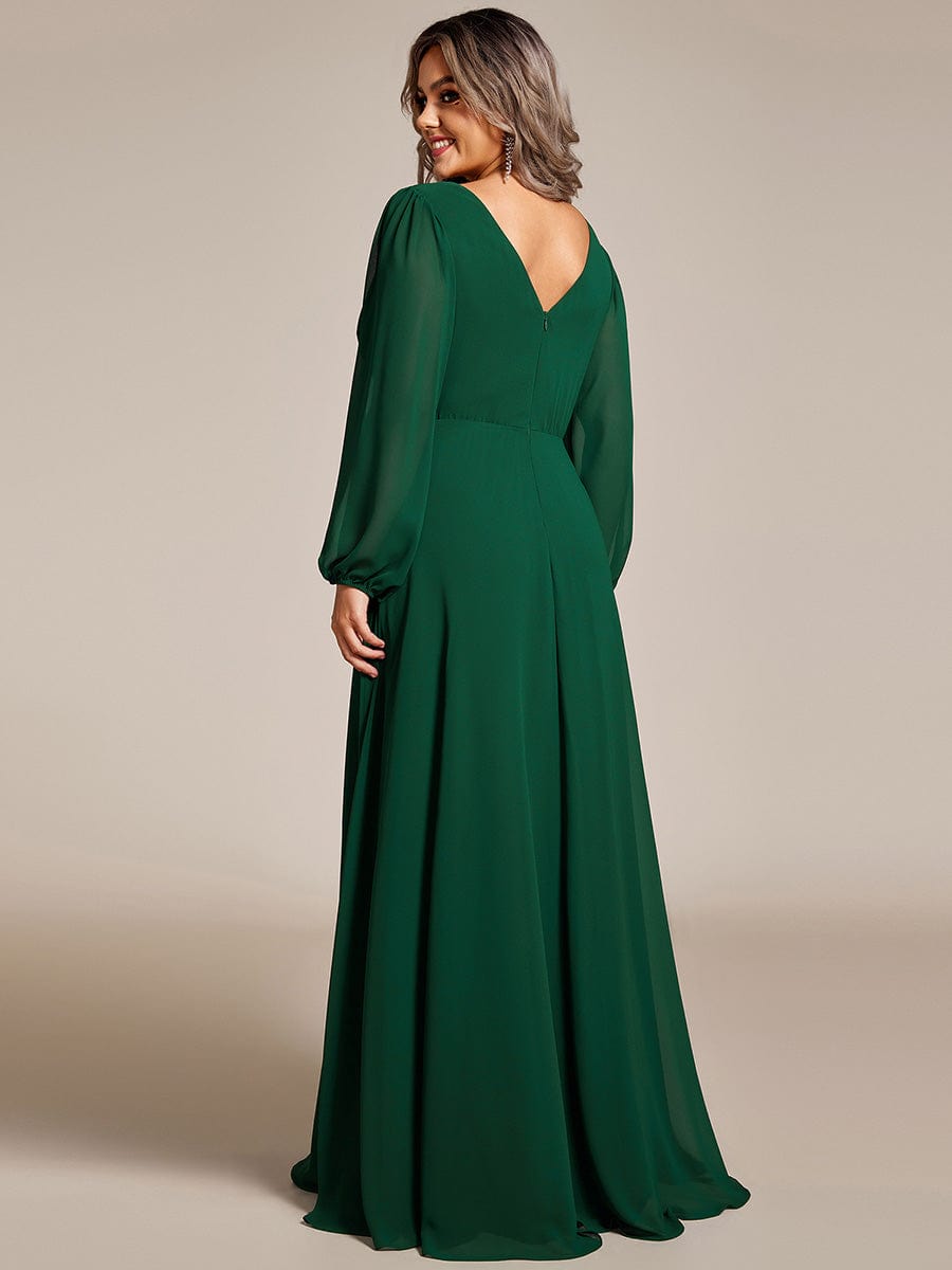 Pleated Double V-Neck Long Sleeves Shiny Belt Chiffon Evening Dress