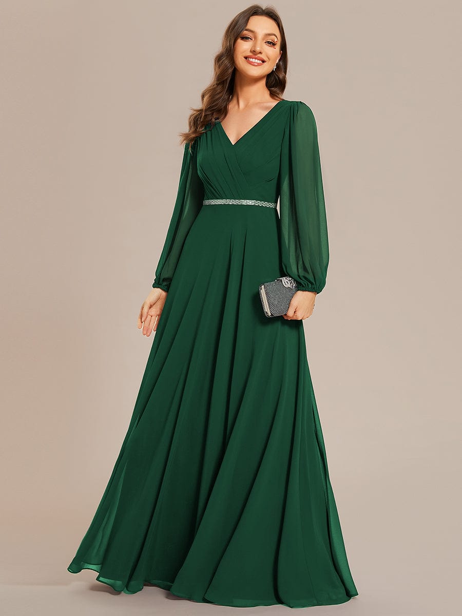 Pleated Double V-Neck Long Sleeves Shiny Belt Chiffon Evening Dress