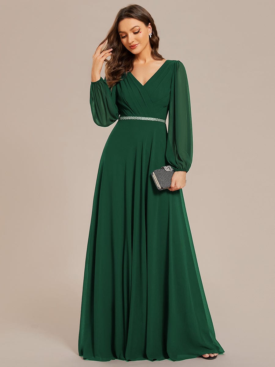 Pleated Double V-Neck Long Sleeves Shiny Belt Chiffon Evening Dress