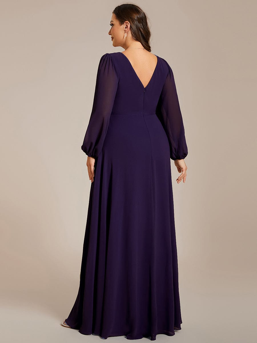 Pleated Double V-Neck Long Sleeves Shiny Belt Chiffon Evening Dress