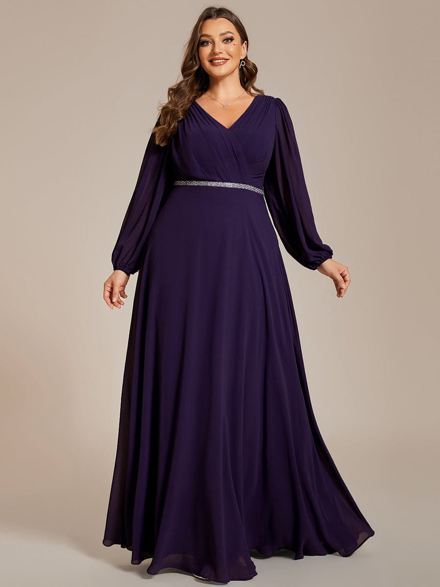 Plus Size Pleated Double V-Neck Long Sleeves Shiny Belt Chiffon Evening Dress