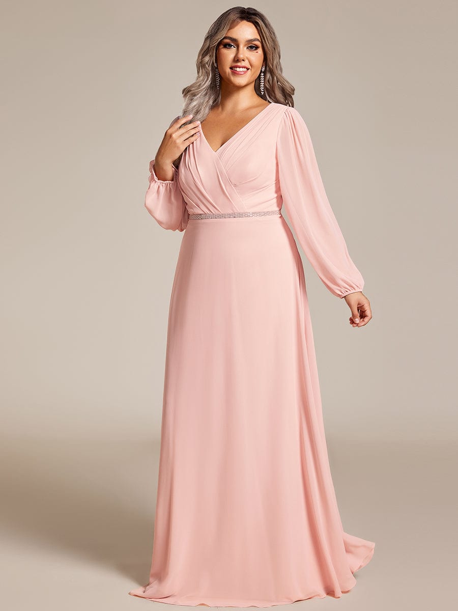 Pleated Double V-Neck Long Sleeves Shiny Belt Chiffon Evening Dress