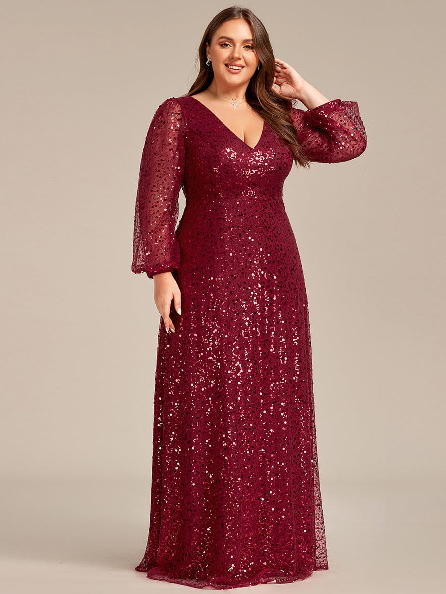 V-Neck Lantern Long Sleeve Sequin A-Line Evening Dress