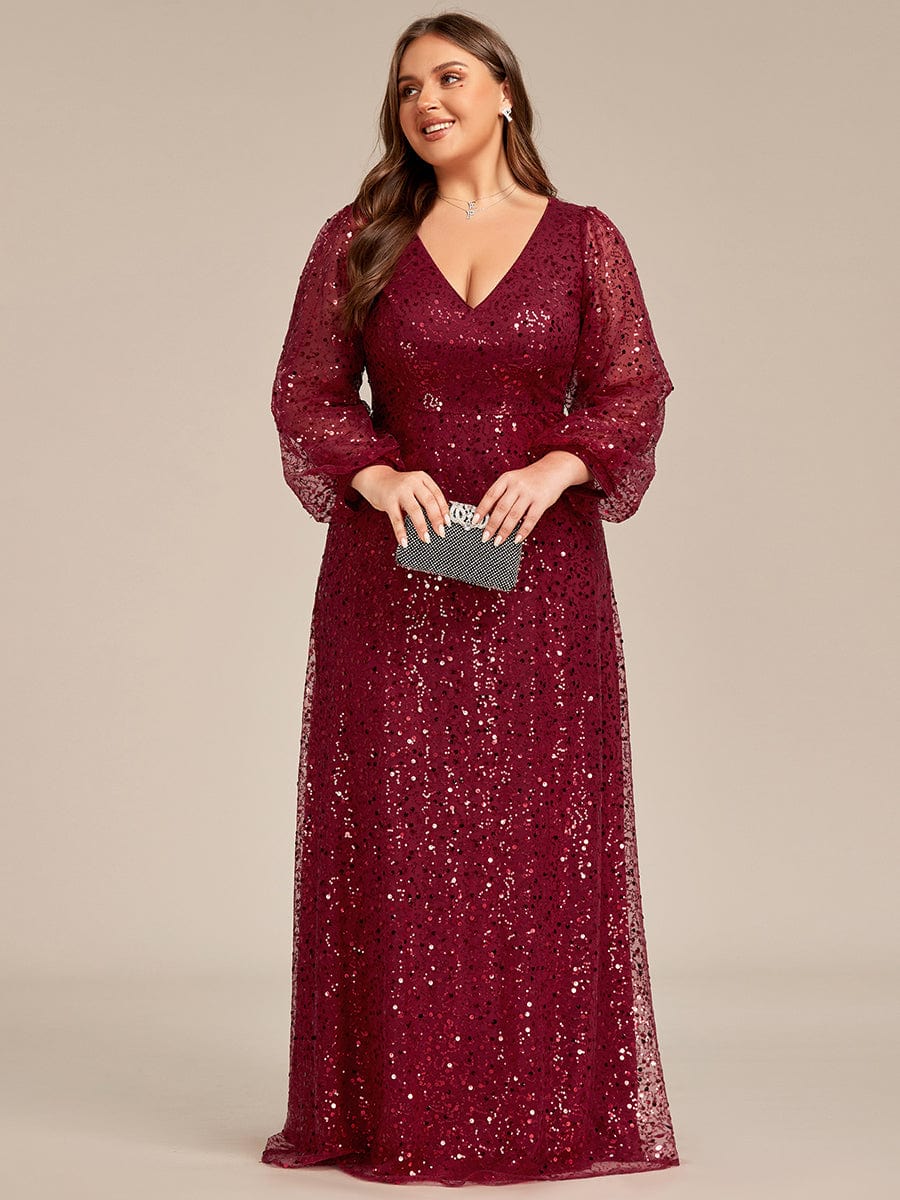 V-Neck Lantern Long Sleeve Sequin A-Line Evening Dress