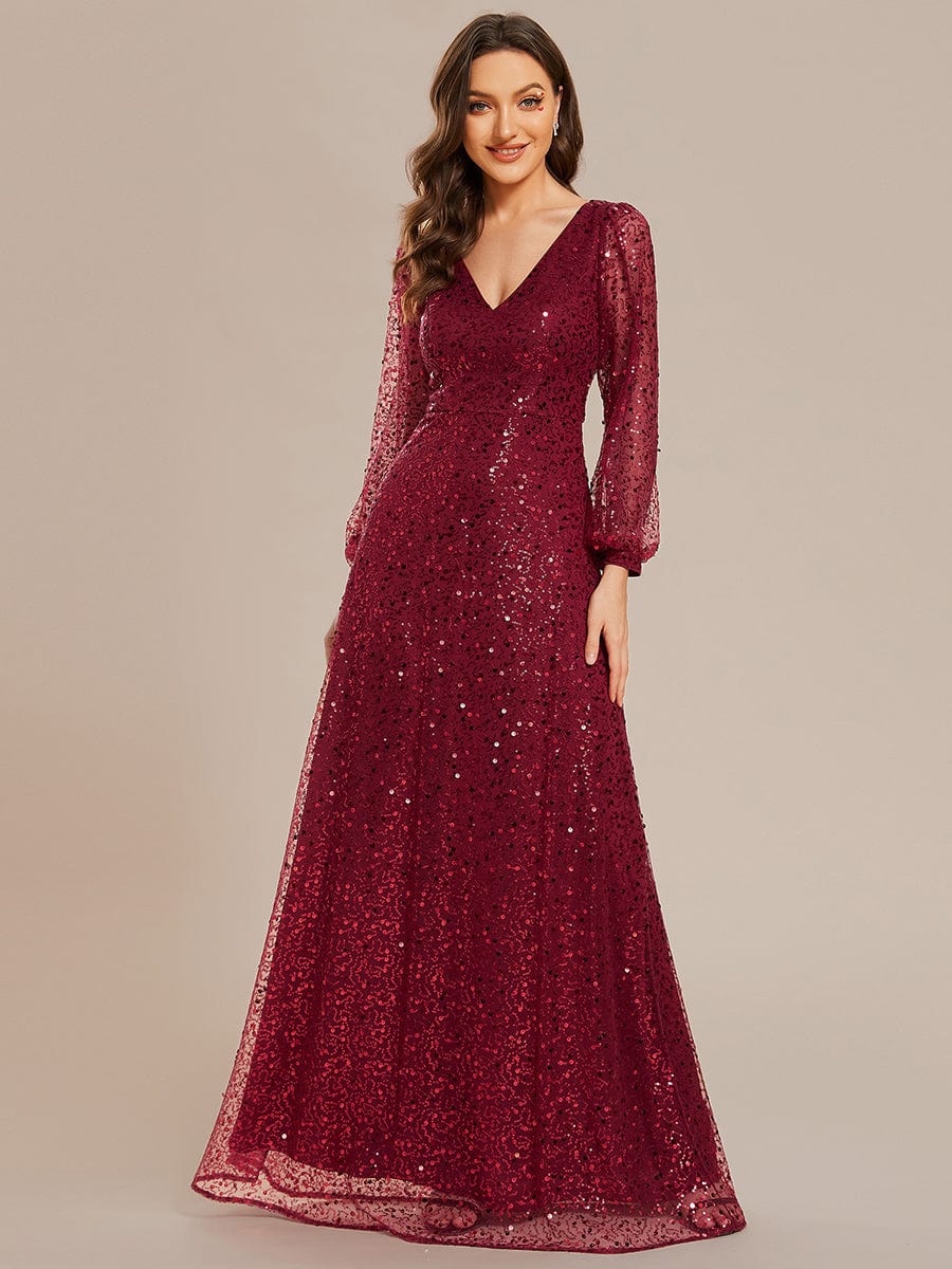 V-Neck Lantern Long Sleeve Sequin A-Line Evening Dress