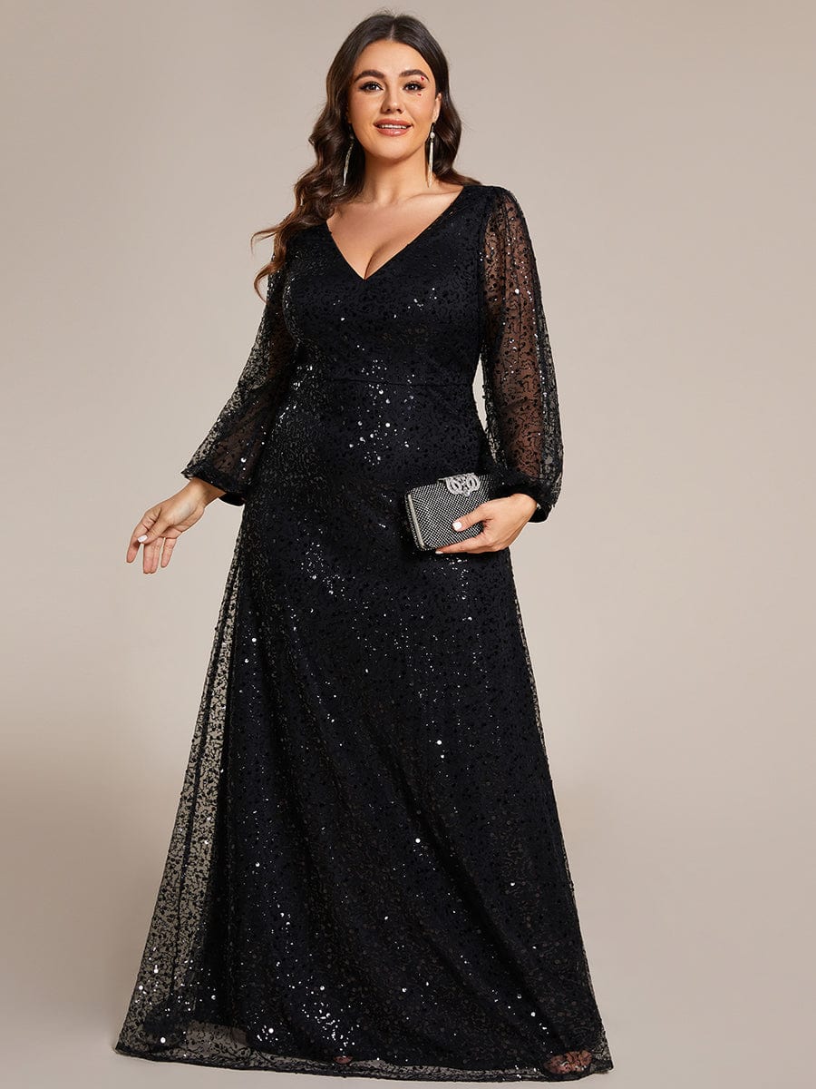 V-Neck Lantern Long Sleeve Sequin A-Line Evening Dress