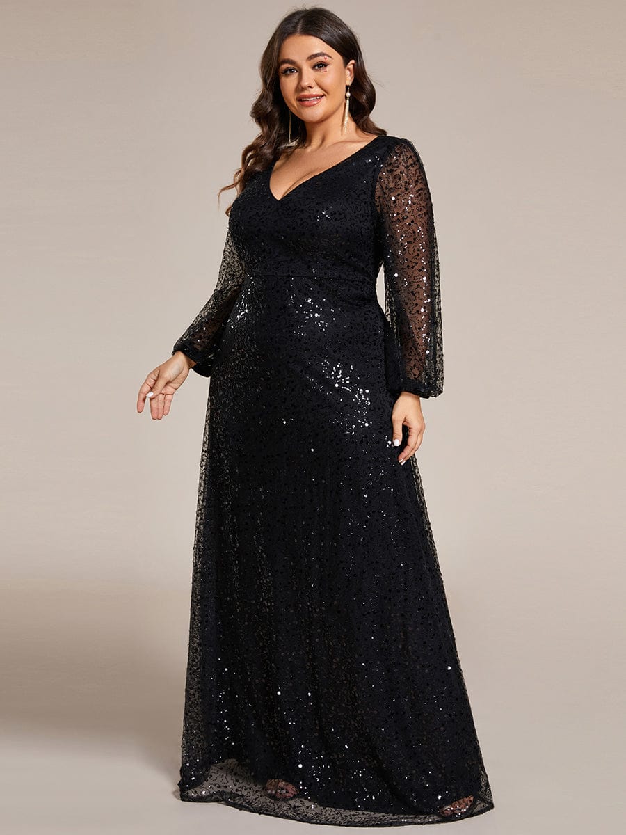 V-Neck Lantern Long Sleeve Sequin A-Line Evening Dress