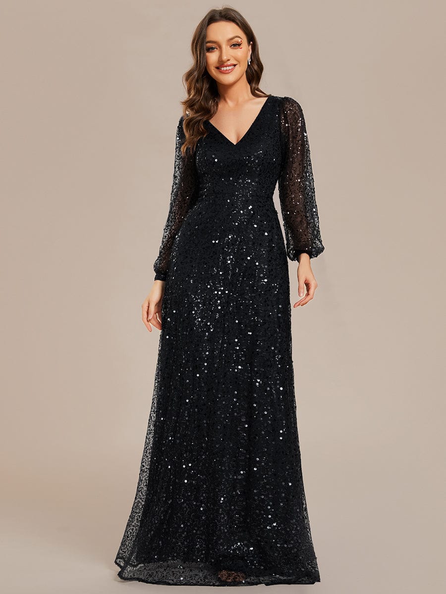 V-Neck Lantern Long Sleeve Sequin A-Line Evening Dress