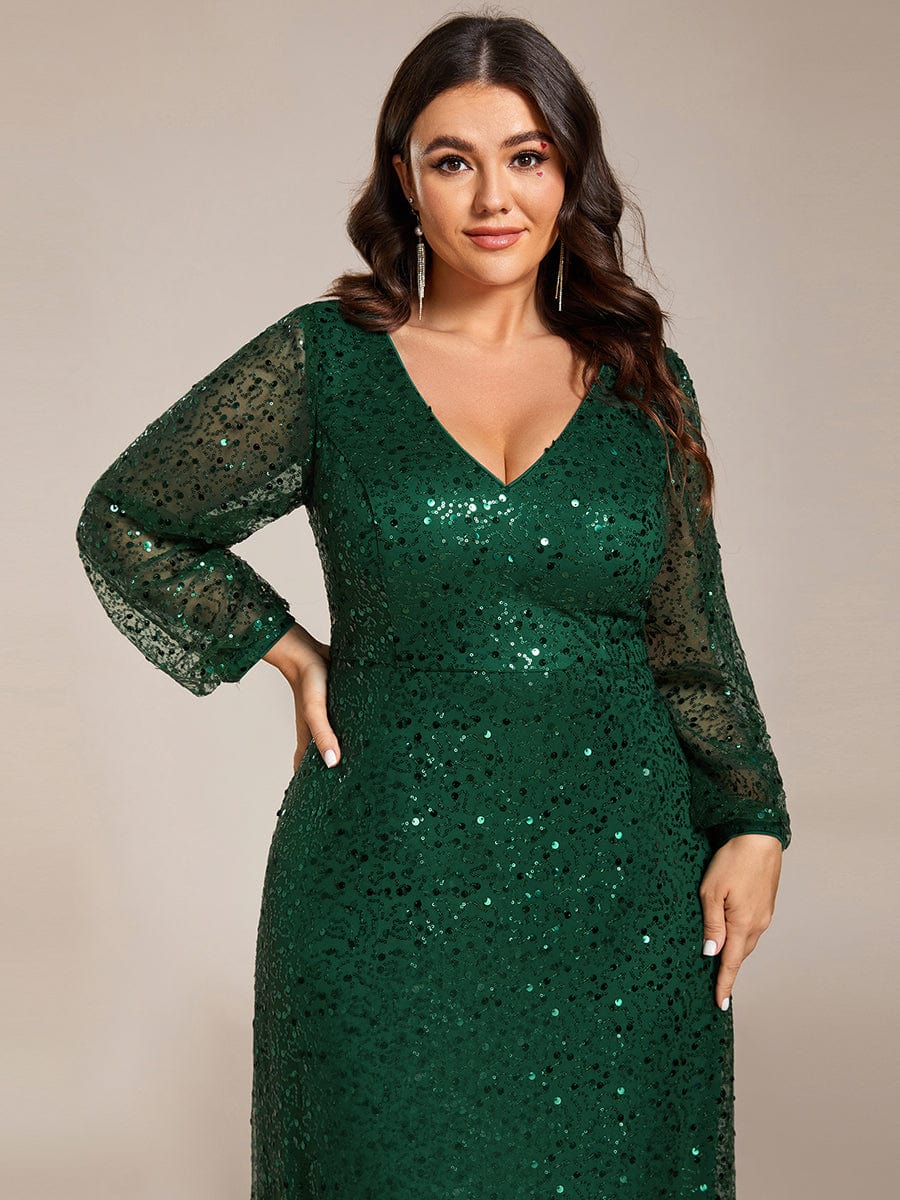 Plus Size V-Neck Lantern Long Sleeve Sequin A-Line Evening Dress