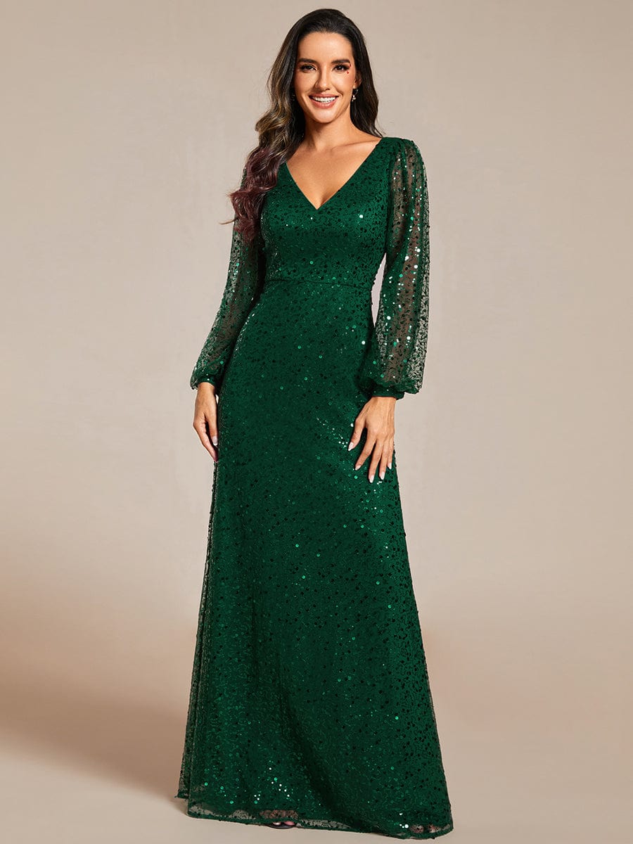 V-Neck Lantern Long Sleeve Sequin A-Line Evening Dress