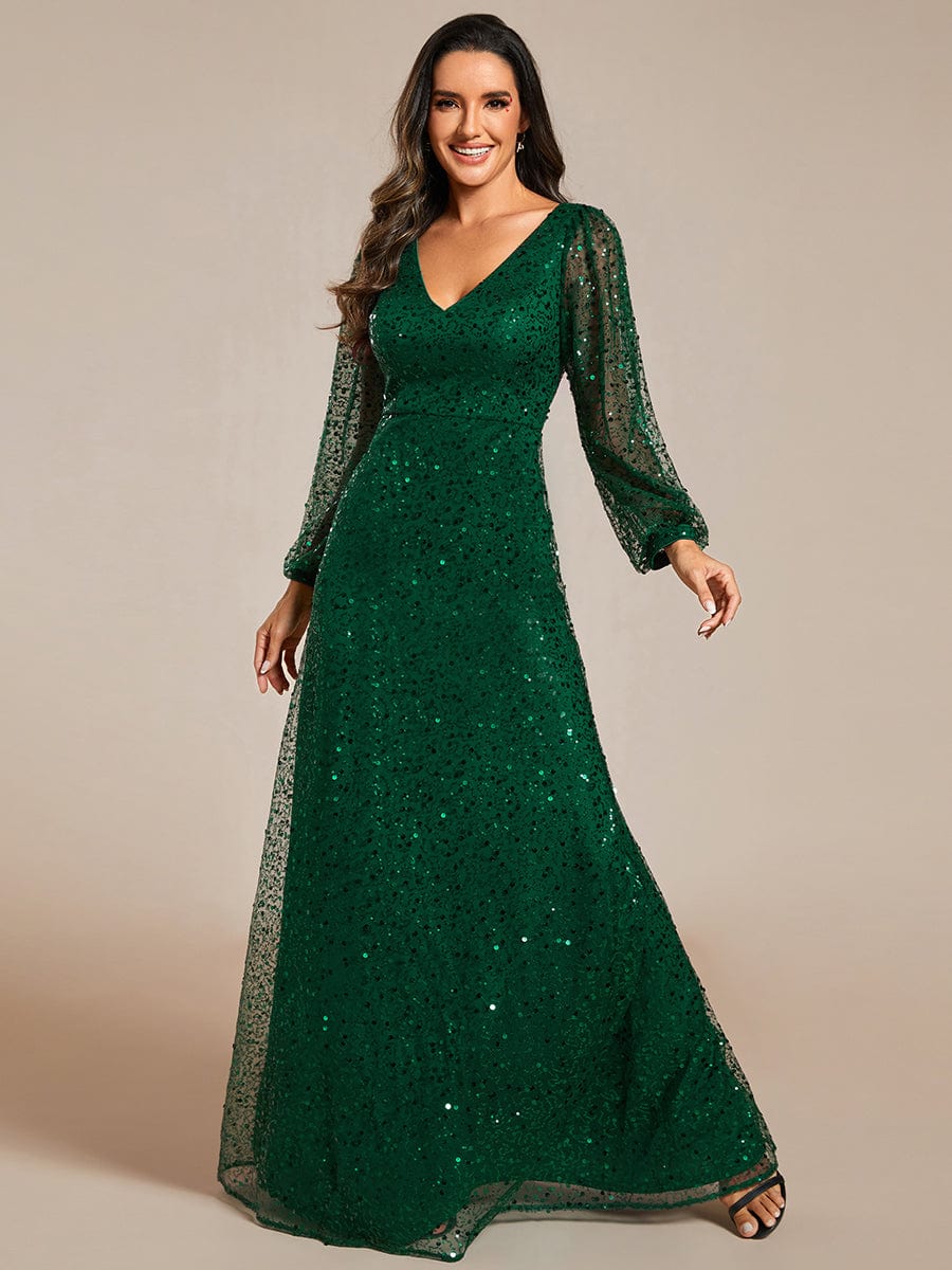 V-Neck Lantern Long Sleeve Sequin A-Line Evening Dress