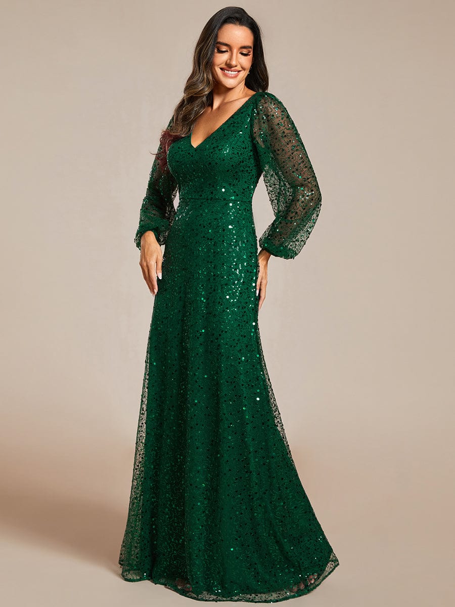 V-Neck Lantern Long Sleeve Sequin A-Line Evening Dress