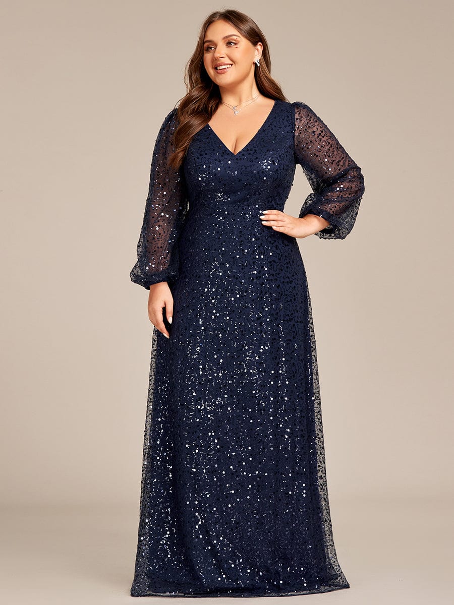 V-Neck Lantern Long Sleeve Sequin A-Line Evening Dress