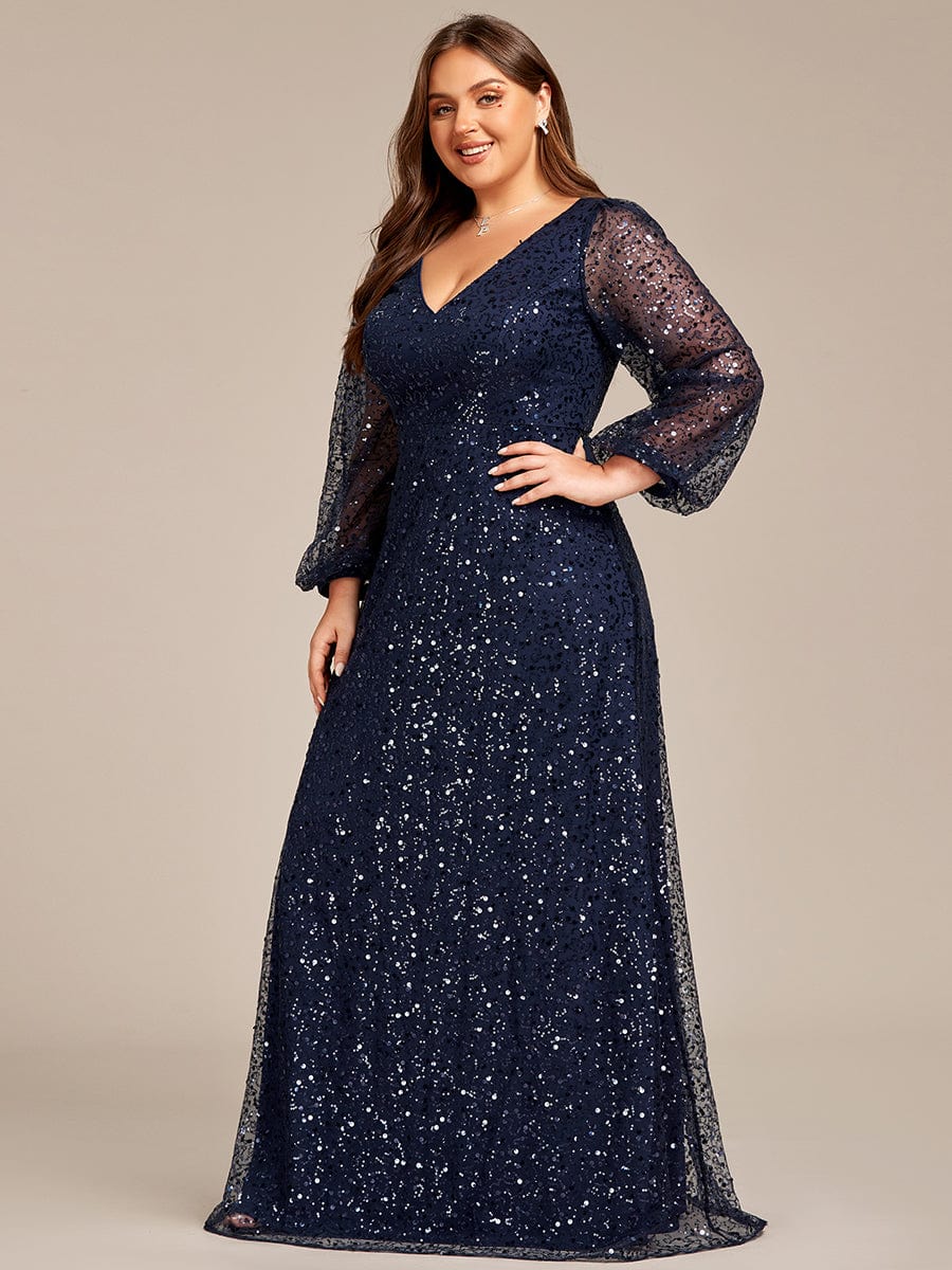 V-Neck Lantern Long Sleeve Sequin A-Line Evening Dress