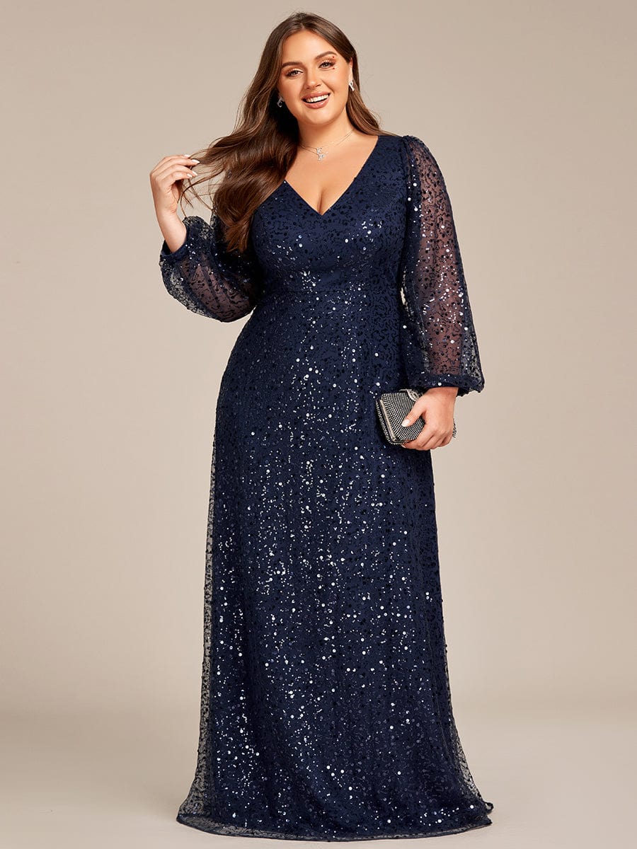 Plus Size V-Neck Lantern Long Sleeve Sequin A-Line Evening Dress